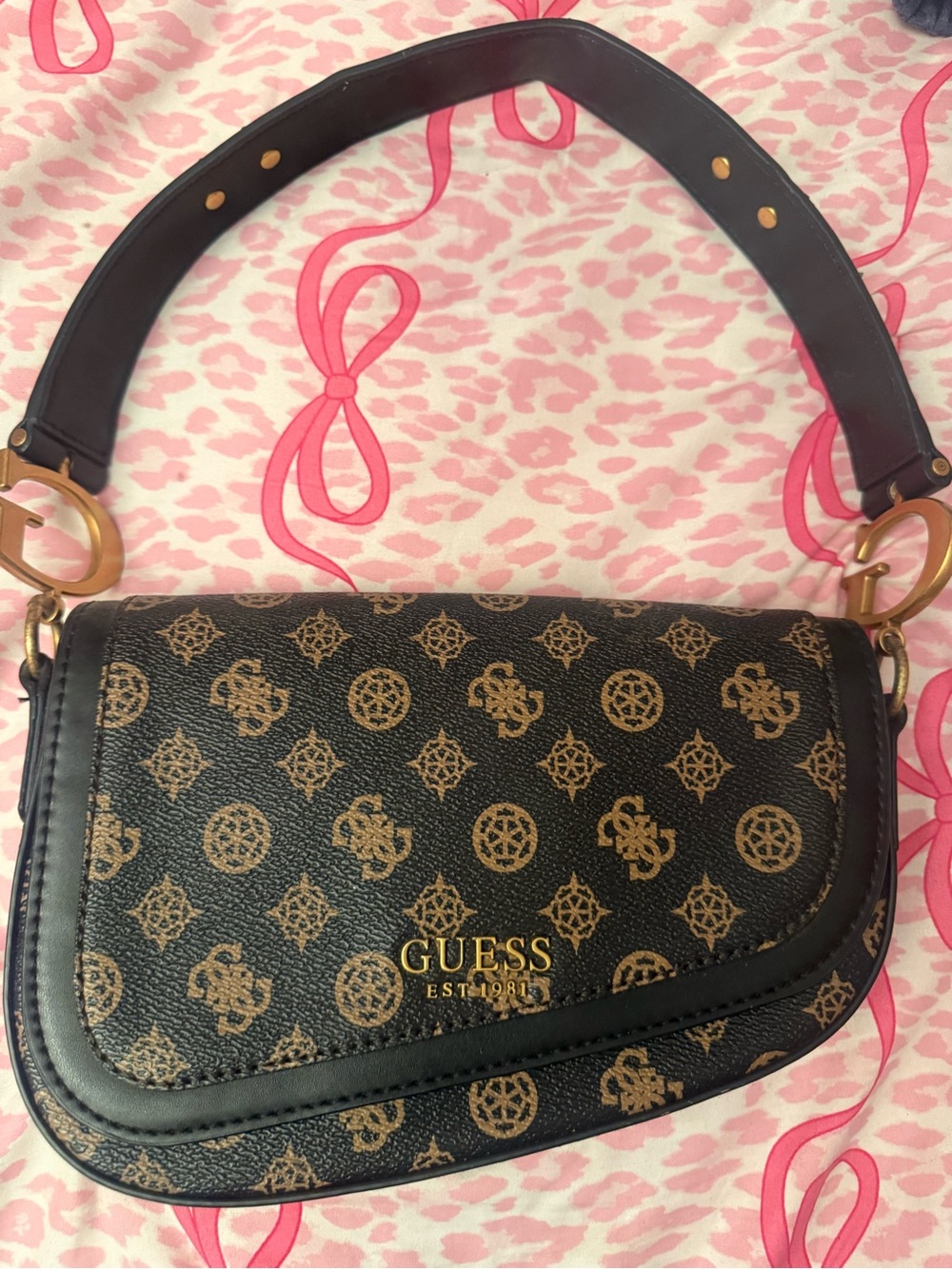 GUESS Black & Brown Monogram Shoulder Bag with Gold Hardware